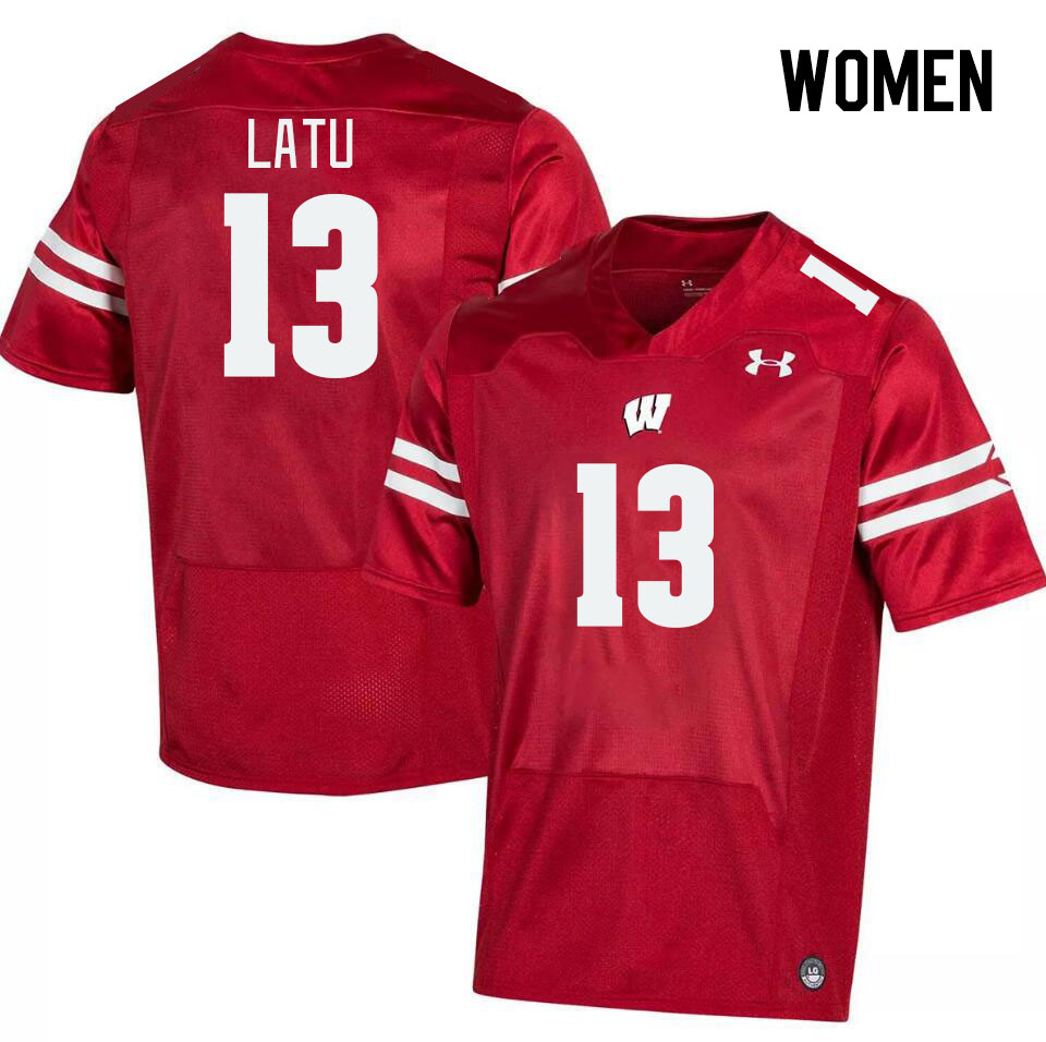 Women #13 Kamo'i Latu Winsconsin Badgers College Football Jerseys Stitched Sale-Red - Click Image to Close